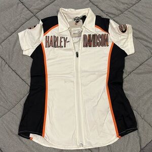 Harley-Davidson shirt. Size M. NWT. Fitted. Zip up. White with black and orange.